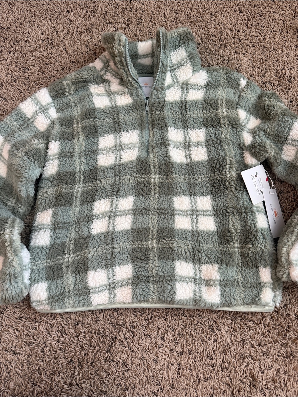 Cozy Plaid Sherpa Half-Zip Pullover - Sage & White